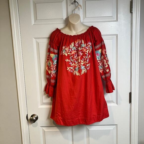 FREE PEOPLE Fleur Du Jour Red Linen Floral Embroidered Shift Dress Size XS - Picture 1 of 12